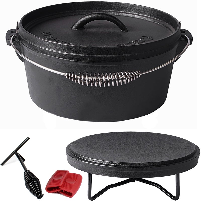 Crucible Cookware Pre-Seasoned Cast Iron Camp Dutch Oven, 4.1 qt, including Lid Lifter, Lid Stand and Silicone Handle Holders - Image 1